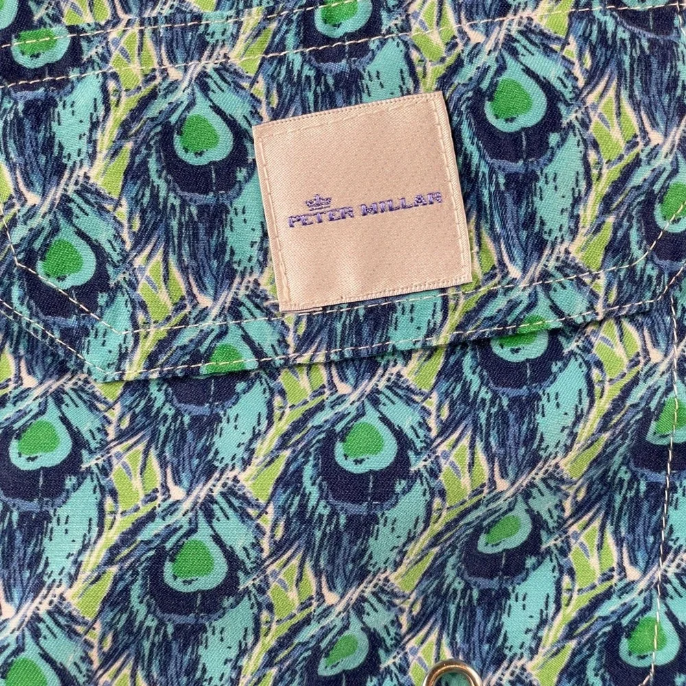 Peter Millar Swim Trunks Mens Medium Blue Green Peacock Feather Lined Summer